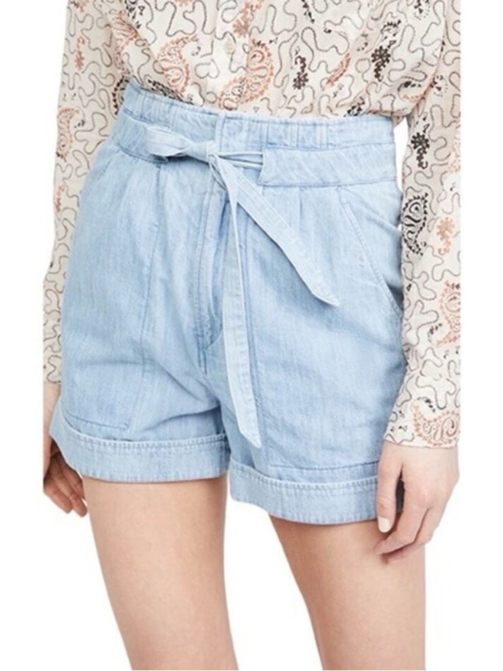 Isabel Marant Etoile Marius Light Blue Cotton Tie Waist Utility Shorts Size 36